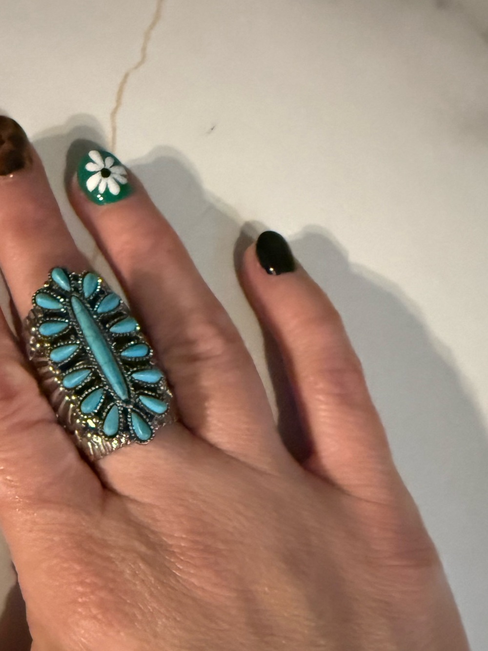 Turquoise Cluster Statement Ring - Blue Silver Tone